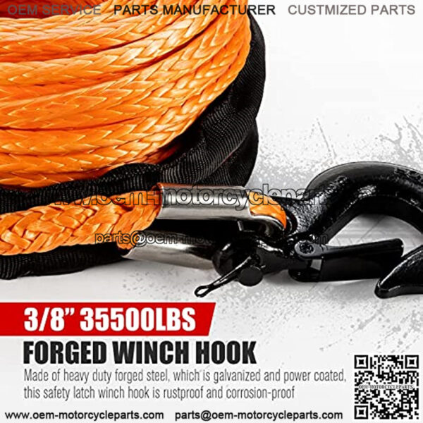 Synthetic Winch Rope Cable Kit 3/8inch 100FT 26500lbs Winch Line Replacement with Forged Hook Protective Sleeve for 4WD Off-Road Vehicle SUV, Orange - Image 2