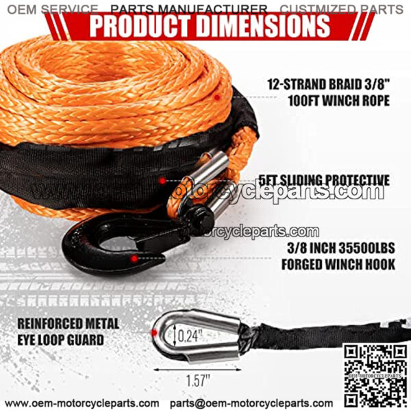 Synthetic Winch Rope Cable Kit 3/8inch 100FT 26500lbs Winch Line Replacement with Forged Hook Protective Sleeve for 4WD Off-Road Vehicle SUV, Orange - Image 3