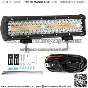 12 Inch LED Light Bar 300W 6 Modes Amber White Strobe Light, Off-Road Driving Light Spot Flood Combo Work Light with 16AWG 10FT Wiring Harness Kit - 1 Lead for Jeep Wrangler Boat Truck SUV ATV