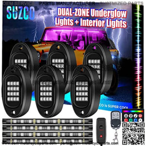 6-Pack Trucks LED Underglow Pod Rock RGB Neon Under Wheel Well Lights Lights Kit, Dual-Zone Interior Light Kit with APP/RF/IR, Sync Music Waterproof 12V for Jeep Offroad ATV UTV SUV