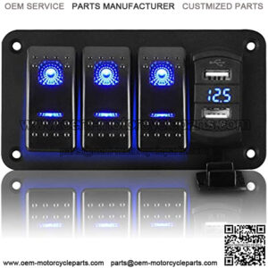 Boat Switch Panel Waterproof, 3 Gang ON Off Toggle Switch Aluminum Panel with 4.8A Dual USB Charger Socket with Blue LED Digital Voltmeter Gauge on Marine, Boat, Car, Golf Cart, UTV, ATV