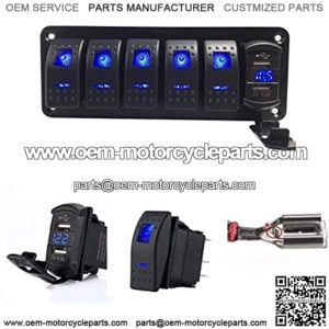 2 3 5 7 Gang Rocker Switch Aluminum Panel with 4.8 Amps Dual USB Rocker Style Fast Charger with Voltmeter, Blue Backlit Led, Pre-Wired for Marine, Boat, Car, Truck