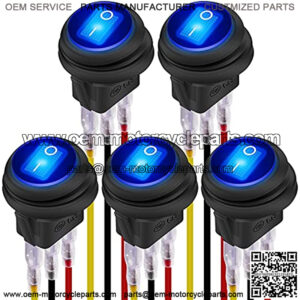 12V 20A Waterproof Rocker Switch Blue LED Lighted Round ON Off 3 Pin 12 Volt Weatherproof Illuminated Toggle for Marine Car RV Truck -5Pack